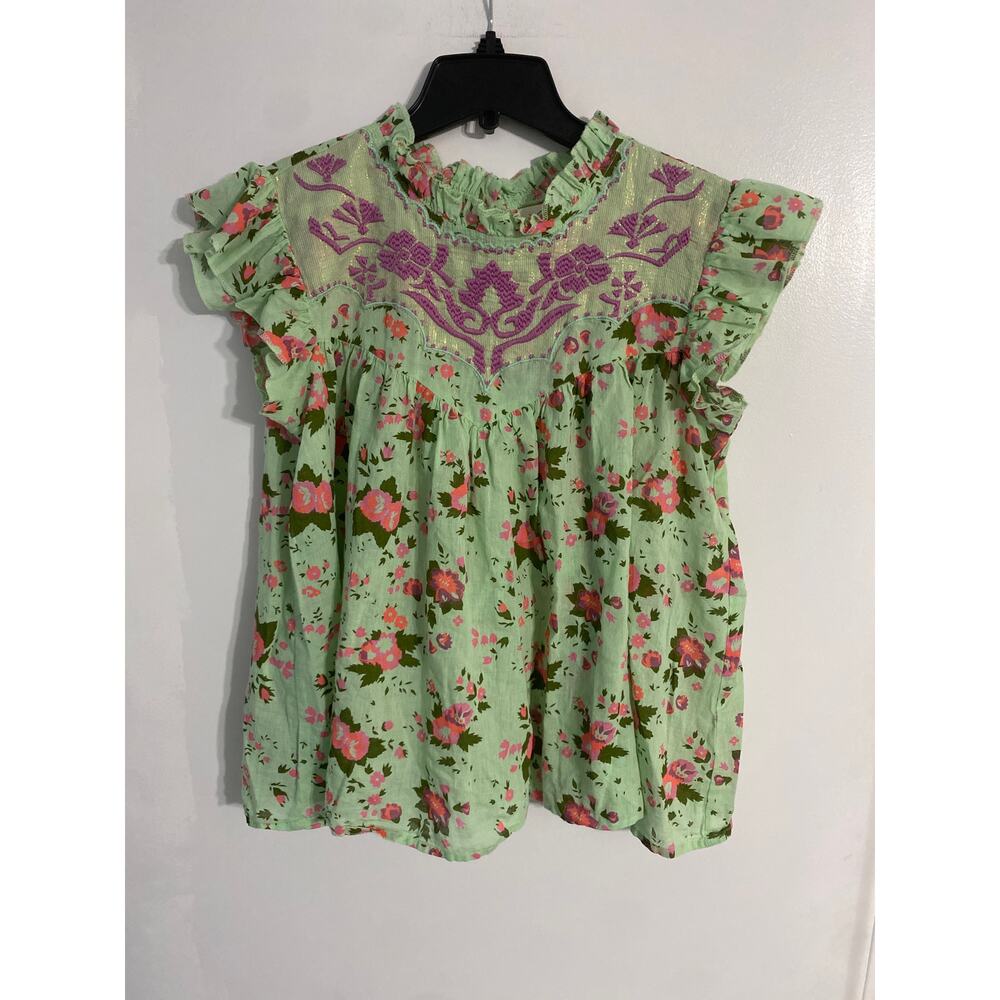 Oh My Stars blouse women’s S mint green floral embroidered peasant cottagecore